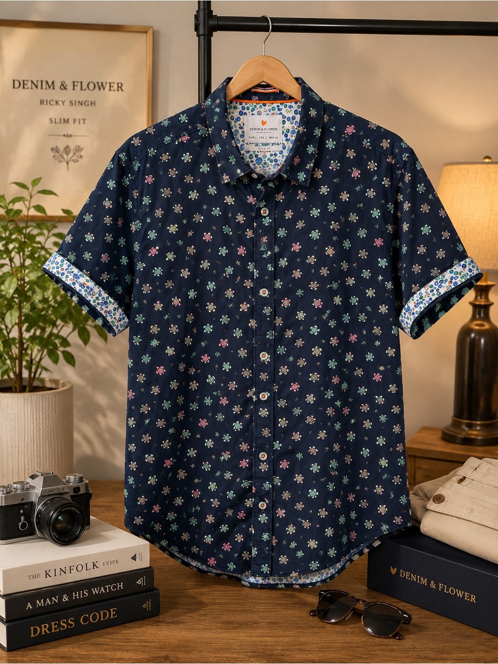 Denim & Flower Ricky Singh Men’s Turtle Print Slim Fit Shirt L Navy